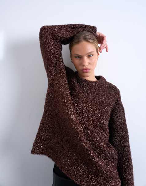 Topshop knitted oversized tinsel wide sleeve jumper in brown - view 1