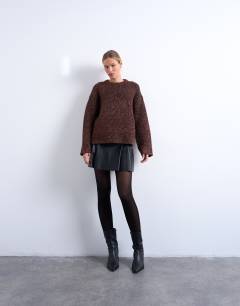 Model wearing Knitted oversized tinsel wide sleeve jumper in brown