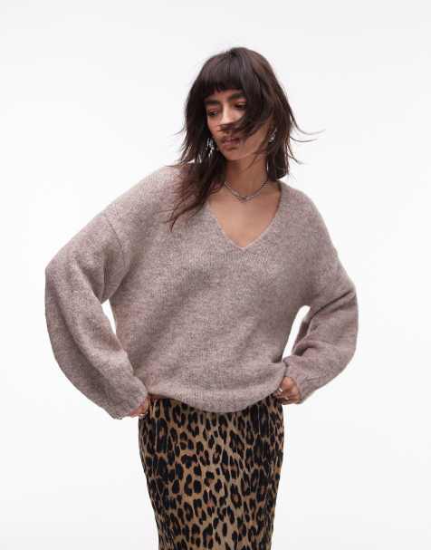 Topshop knitted oversized v-neck jumper in mushroom - view 1