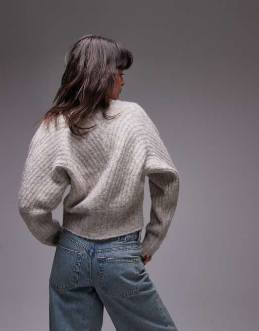 Topshop knitted ovoid sleeve v neck cardigan in oat ASOS