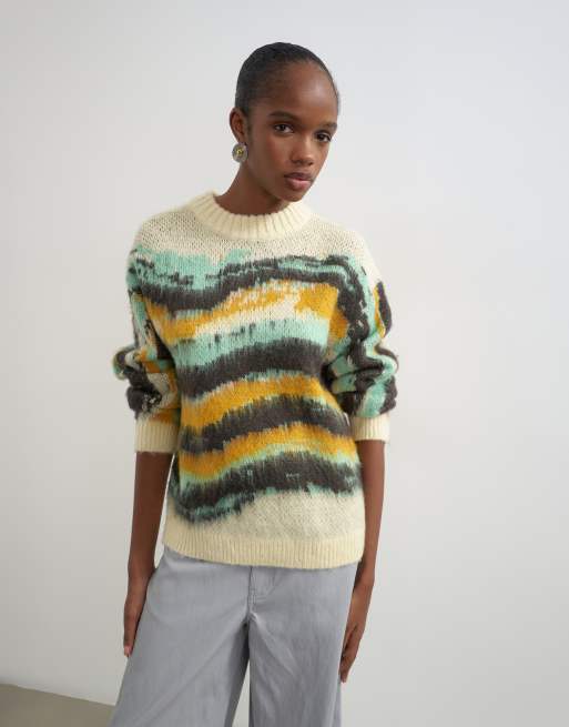 Topshop knitted painted stripe crew neck jumper in multi, 2 of 4