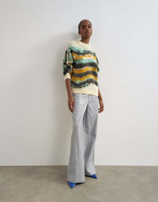 Topshop knitted painted stripe crew neck sweater in multi, 3 of 4