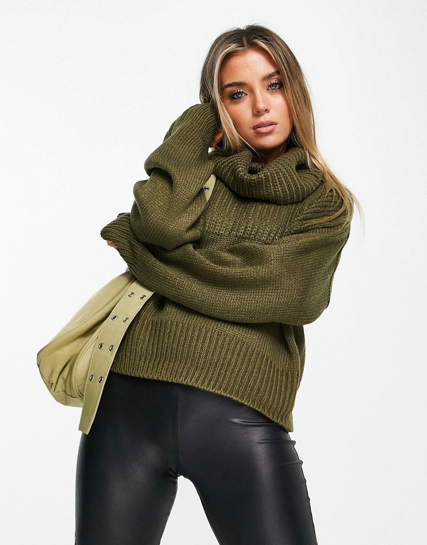 topshop knitted panel jumper with roll neck in khaki-green