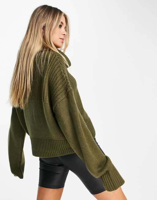 Topshop knitted panel jumper with roll neck in khaki