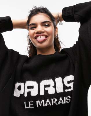 Topshop knitted Paris sweat jumper in monochrome