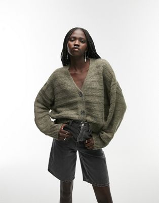 Topshop knitted patterned cardi in olive - ASOS Price Checker