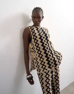 Knitted patterned crochet co-ord shirt in black and beige