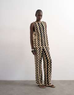 Knitted patterned crochet co-ord trouser in black and beige