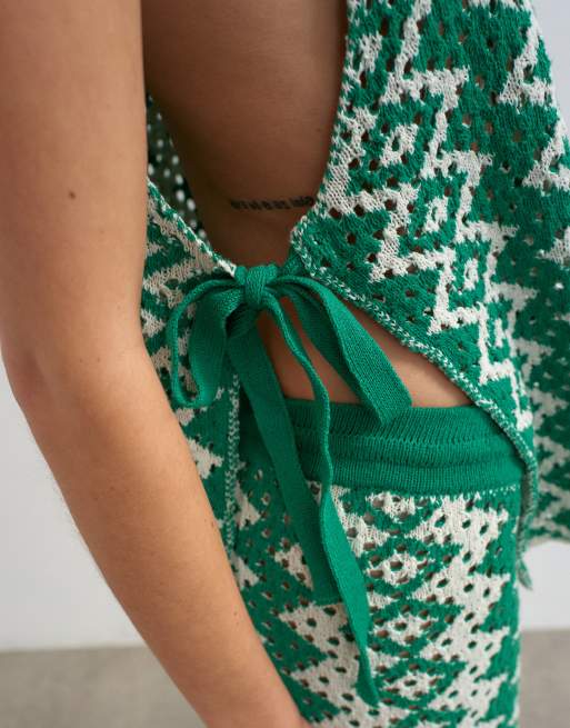 Topshop knitted patterned crochet look co-ord shirt in green and white, 3 of 4
