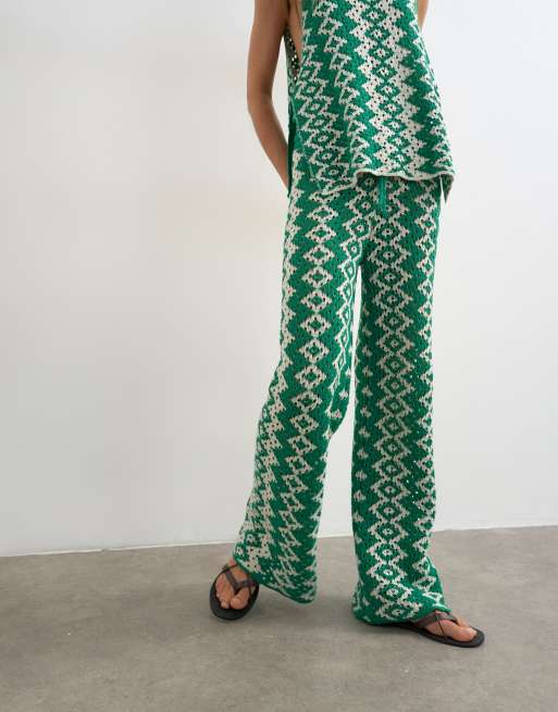 Topshop knitted patterned crochet look co-ord trouser in green and white, 2 of 5