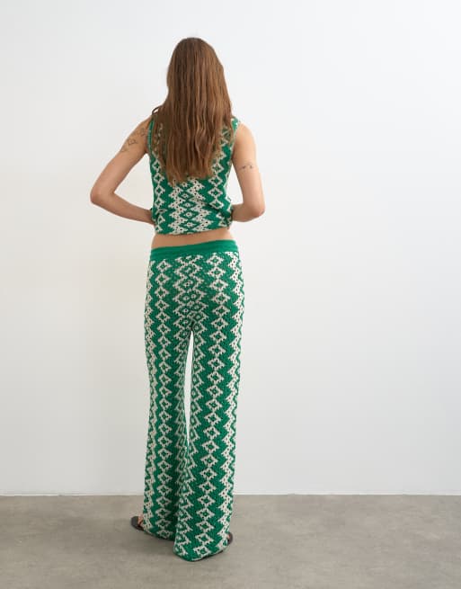 Topshop knitted patterned crochet look co-ord trouser in green and white, 3 of 5