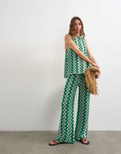 Topshop knitted patterned crochet look set in green and white, 3 of 3