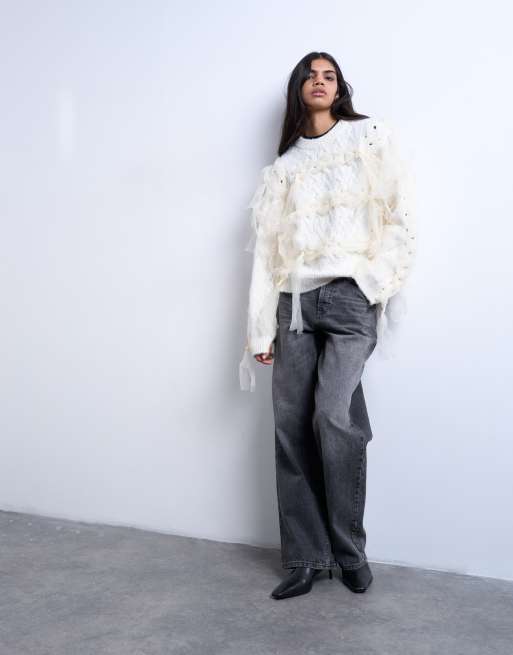 Topshop knitted plaid ribbon jumper in Ivory, 2 of 4