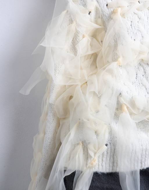 Topshop knitted plaid ribbon jumper in Ivory, 3 of 4