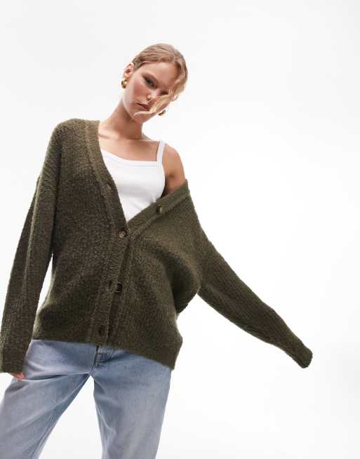 Topshop knitted plated boyfriend long line boucle cardigan in khaki