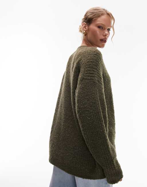 Topshop knitted plated boyfriend long line boucle cardigan in khaki