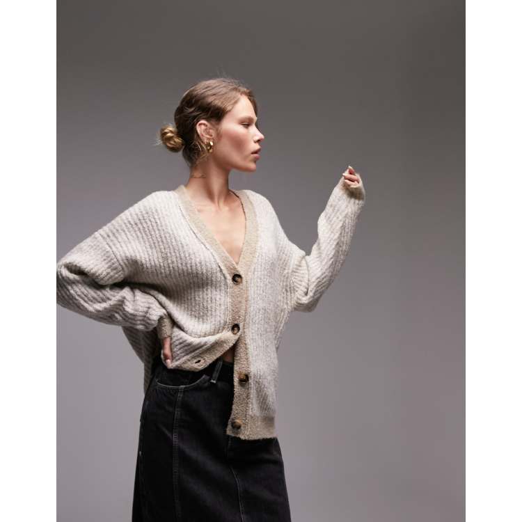 Topshop knitted plated boyfriend long line boucle cardigan in stone 