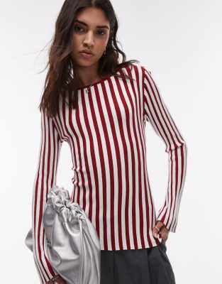 Topshop Topshop knitted plated slash neck top in red and ecru-Pink