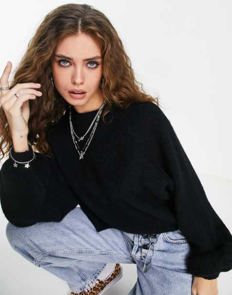 Topshop knitted pleat sleeve crop jumper in black