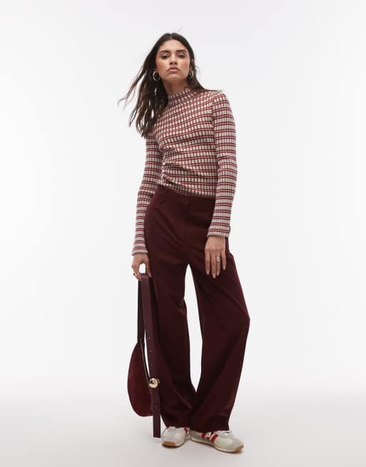 Topshop knitted pleated check long sleeve top in multi | ASOS