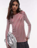 [Topshop] Topshop knitted pleated slash neck top in red and ecru-Pink XS Multi