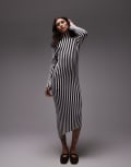 [Topshop] Topshop knitted pleated vertical stripe midi dress with asymmetric hem in black and white-Multi S Black and white