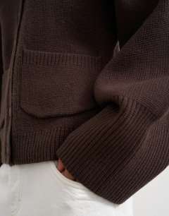 Model wearing Knitted pocket front cardigan in brown