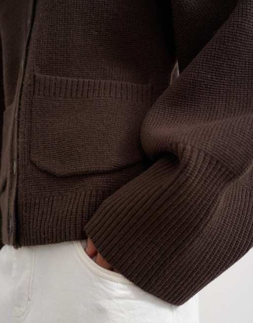Topshop knitted pocket front cardigan in brown, 3 of 4