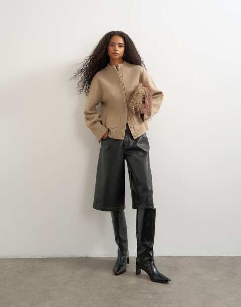 Topshop knitted pocket front cardigan in oat - view 1