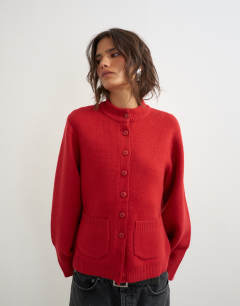 Knitted pocket front cardigan in red