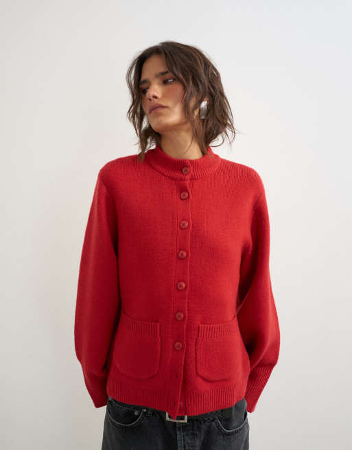 Topshop knitted pocket front cardigan in red, 2 of 4