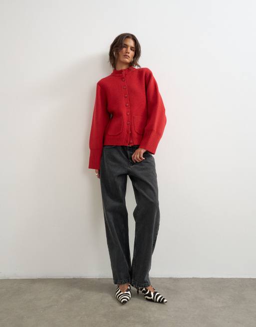Topshop knitted pocket front cardigan in red, 3 of 4
