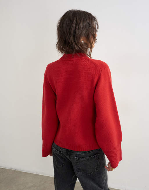 Topshop knitted pocket front cardigan in red, 4 of 4