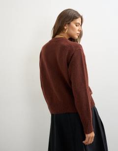 Model wearing Knitted pocket jumper in cinnamon