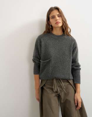Topshop Knitted Pocket Sweater In Gray