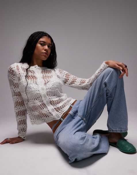 Topshop knitted pointelle button cardi in ivory - view 1