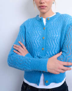 Model wearing Knitted pointelle cardigan in blue