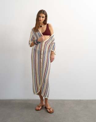 Topshop knitted polo stripe open stitch midi dress in ecru