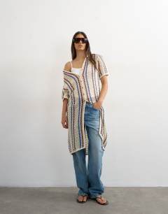 Knitted polo stripe open stitch midi dress in ecru