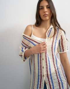Model wearing Knitted polo stripe open stitch midi dress in ecru