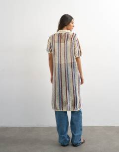 Model wearing Knitted polo stripe open stitch midi dress in ecru