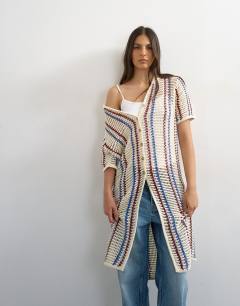 Model wearing Knitted polo stripe open stitch midi dress in ecru