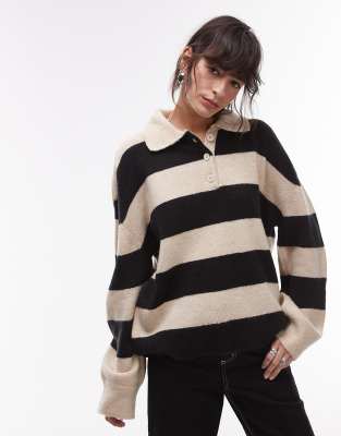 knitted polo top in black oatmeal-Multi