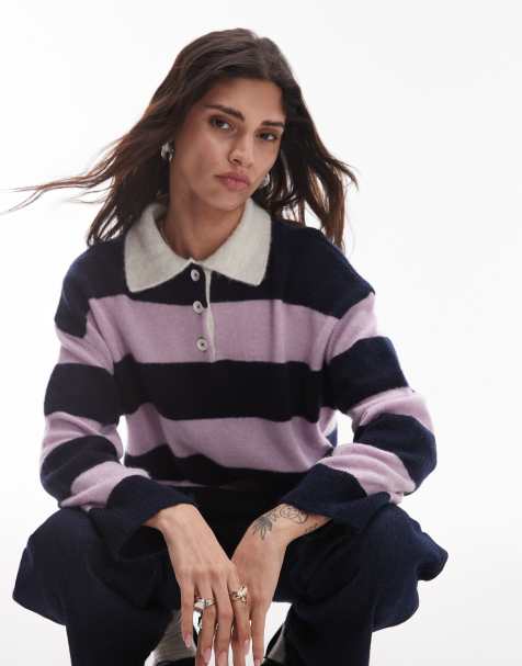 Topshop knitted polo top in navy and pink - view 1