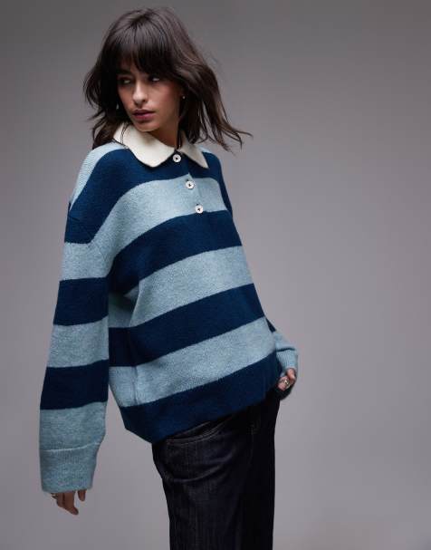 Topshop knitted polo top in navy blue - view 1