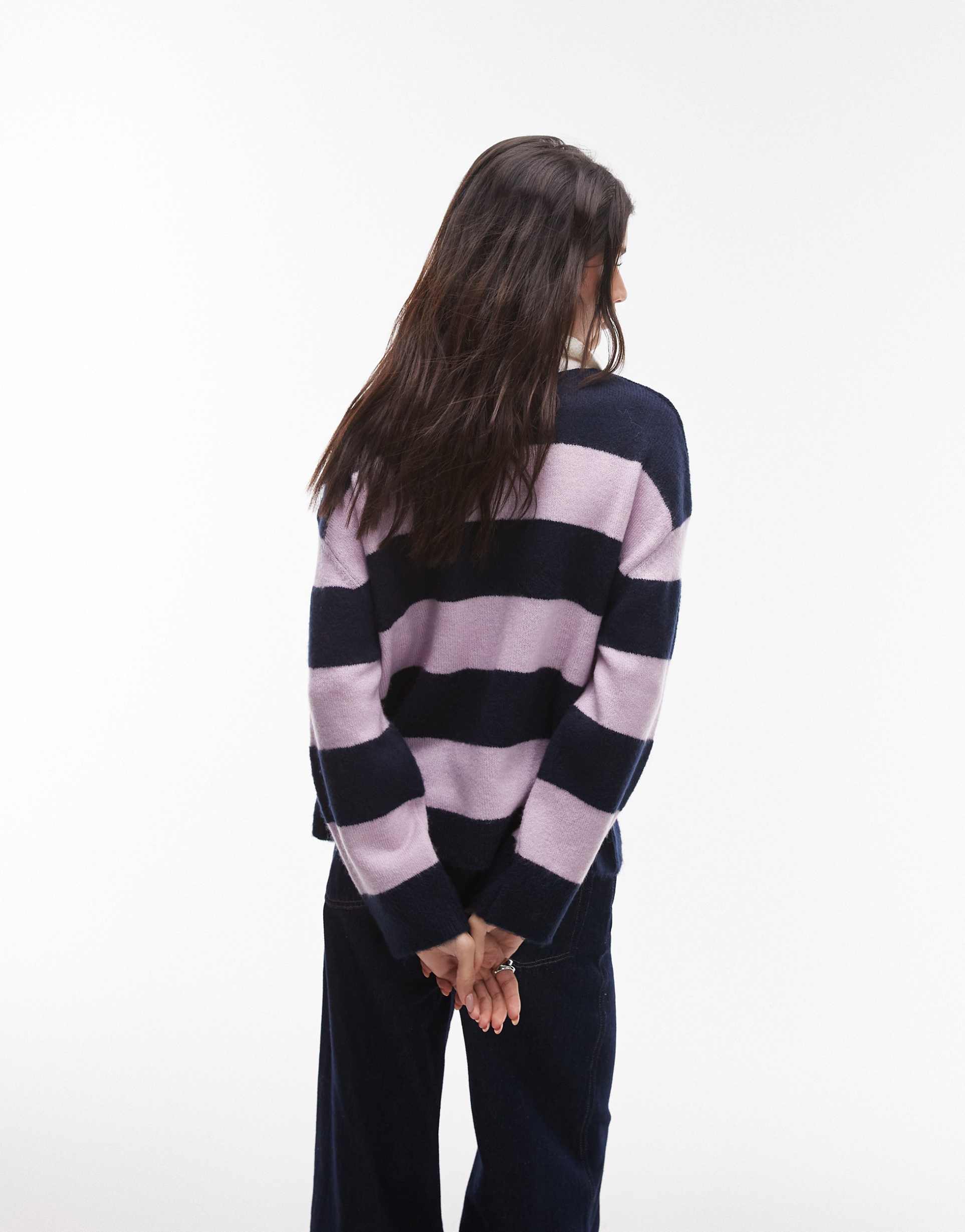 topshop knitted polo top in navy/pink