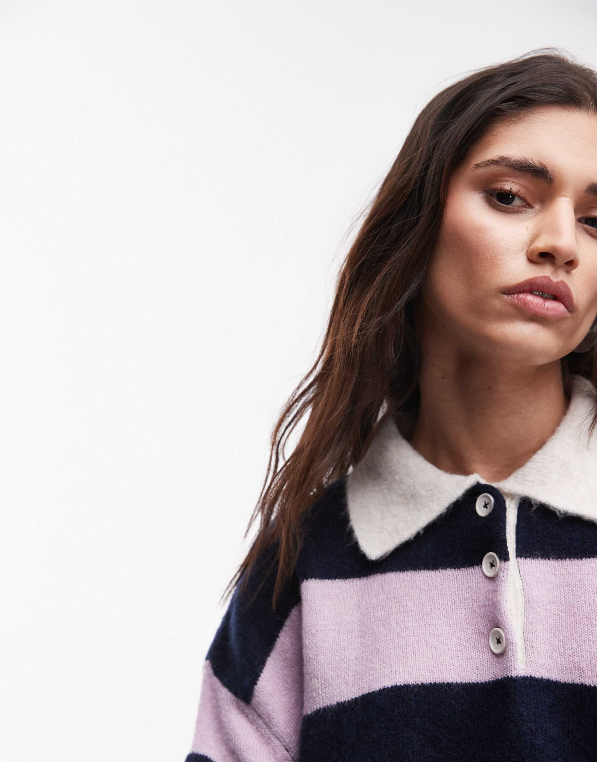 topshop knitted polo top in navy/pink