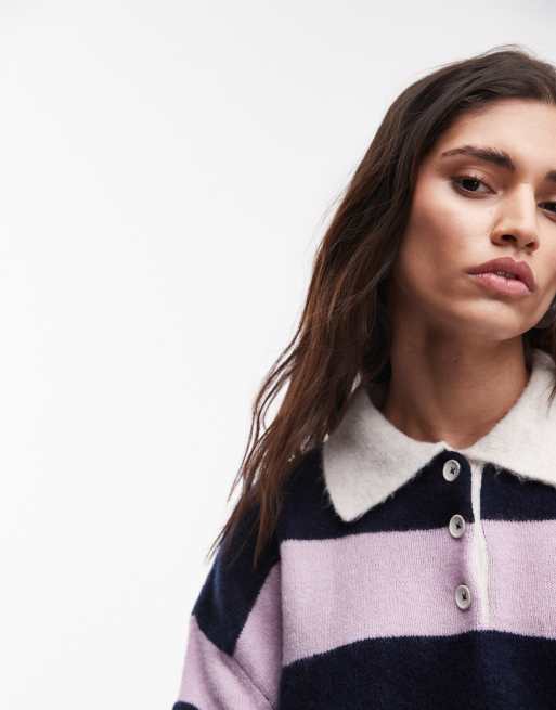 Topshop knitted polo top in navy and pink