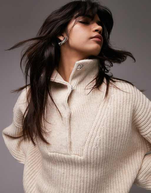  Topshop knitted popper collar jumper in oat