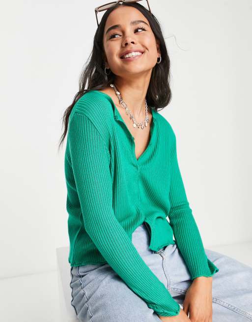 Topshop knitted popper front cardigan in bright green